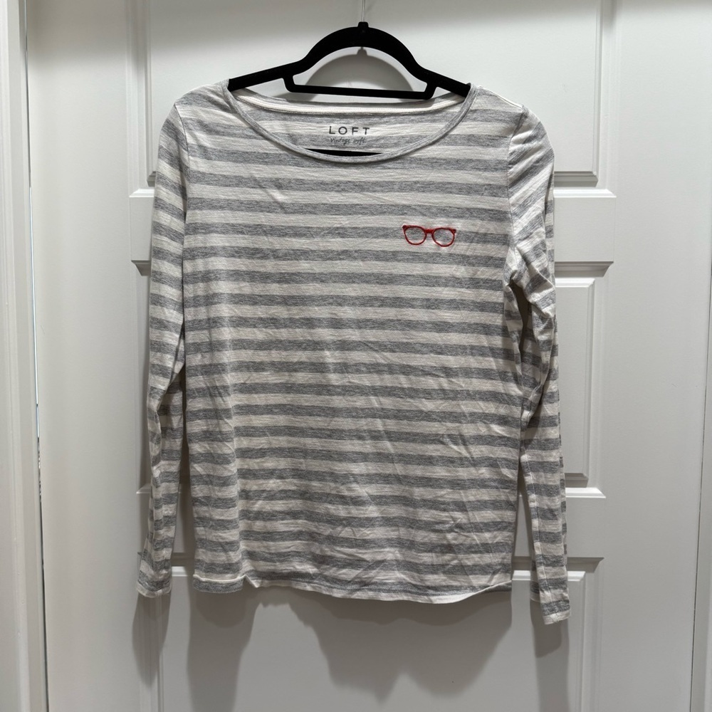 Loft Grey and White Stripe Vintage Soft Long Sleeve Shirt Medium